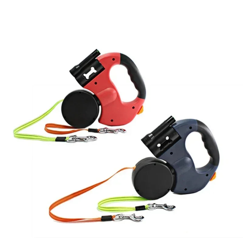 Rechargeable LED Retractable Dog Leash with Dual Head & Poop Bag Holder – Strong Traction Rope