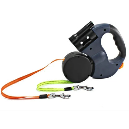 Rechargeable LED Retractable Dog Leash with Dual Head & Poop Bag Holder – Strong Traction Rope