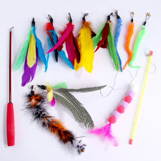 Pet Cat Toy Feather Retractable Bell Replacement Fishing Head Fishing Rod 12-piece Set